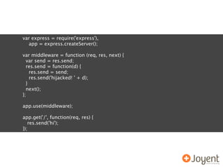 var express = require('express'),
  app = express.createServer();

var middleware = function (req, res, next) {
  var send = res.send;
  res.send = function(d) {
    res.send = send;
    res.send('hijacked! ' + d);
  }
  next();
};

app.use(middleware);

app.get('/', function(req, res) {
   res.send('hi');
});
 