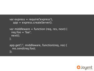 var express = require('express'),
  app = express.createServer();

var middleware = function (req, res, next) {
  req.foo = 'bar';
  next();
};

app.get('/', middleware, function(req, res) {
   res.send(req.foo);
});
 