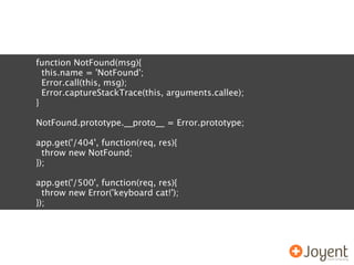 function NotFound(msg){
  this.name = 'NotFound';
  Error.call(this, msg);
  Error.captureStackTrace(this, arguments.callee);
}

NotFound.prototype.__proto__ = Error.prototype;

app.get('/404', function(req, res){
  throw new NotFound;
});

app.get('/500', function(req, res){
  throw new Error('keyboard cat!');
});
 