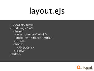 layout.ejs
<!DOCTYPE html>
<html lang="en">
  <head>
   <meta charset="utf-8">
   <title><%= title %></title>
  </head>
  <body>
    <%- body %>
  </body>
</html>
 