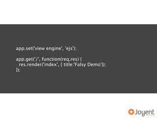 app.set('view engine', 'ejs');

app.get('/', function(req,res) {
  res.render('index', { title:'Falsy Demo'});
});
 