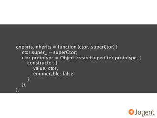 exports.inherits = function (ctor, superCtor) {
   ctor.super_ = superCtor;
   ctor.prototype = Object.create(superCtor.prototype, {
       constructor: {
         value: ctor,
         enumerable: false
       }
   });
};
 