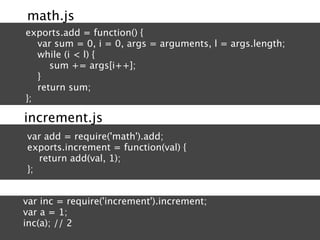 math.js
exports.add = function() {
   var sum = 0, i = 0, args = arguments, l = args.length;
   while (i < l) {
      sum += args[i++];
   }
   return sum;
};

increment.js
var add = require('math').add;
exports.increment = function(val) {
   return add(val, 1);
};


var inc = require('increment').increment;
var a = 1;
inc(a); // 2
 