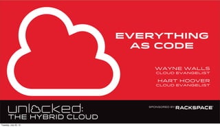 everything
as code
Wayne walls
cloud evangelist
hart hoover
cloud evangelist
Tuesday, July 23, 13
 