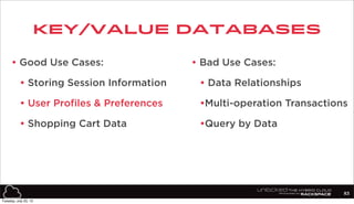 Key/Value DatabaseS
• Good Use Cases:
• Storing Session Information
• User Profiles & Preferences
• Shopping Cart Data
• B...