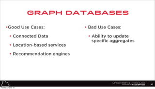 graph databases
•Good Use Cases:
• Connected Data
• Location-based services
• Recommendation engines
• Bad Use Cases:
• Ab...