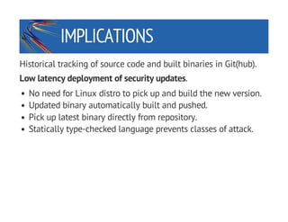 IMPLICATIONS
Historical tracking of source code and built binaries in Git(hub).
Low latency deployment of security updates...