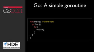 func main() { // Won’t work
    go func() {
for {
doStuff()
}
}
}
Go: A simple goroutine
 