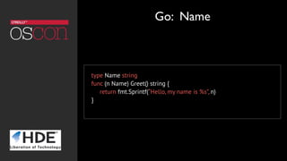 type Name string
func (n Name) Greet() string {
return fmt.Sprintf(“Hello, my name is %s”, n)
}
Go: Name
 