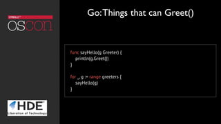 func sayHello(g Greeter) {
    println(g.Greet())
}
for _, g := range greeters {
    sayHello(g)
}
Go:Things that can Greet()
 