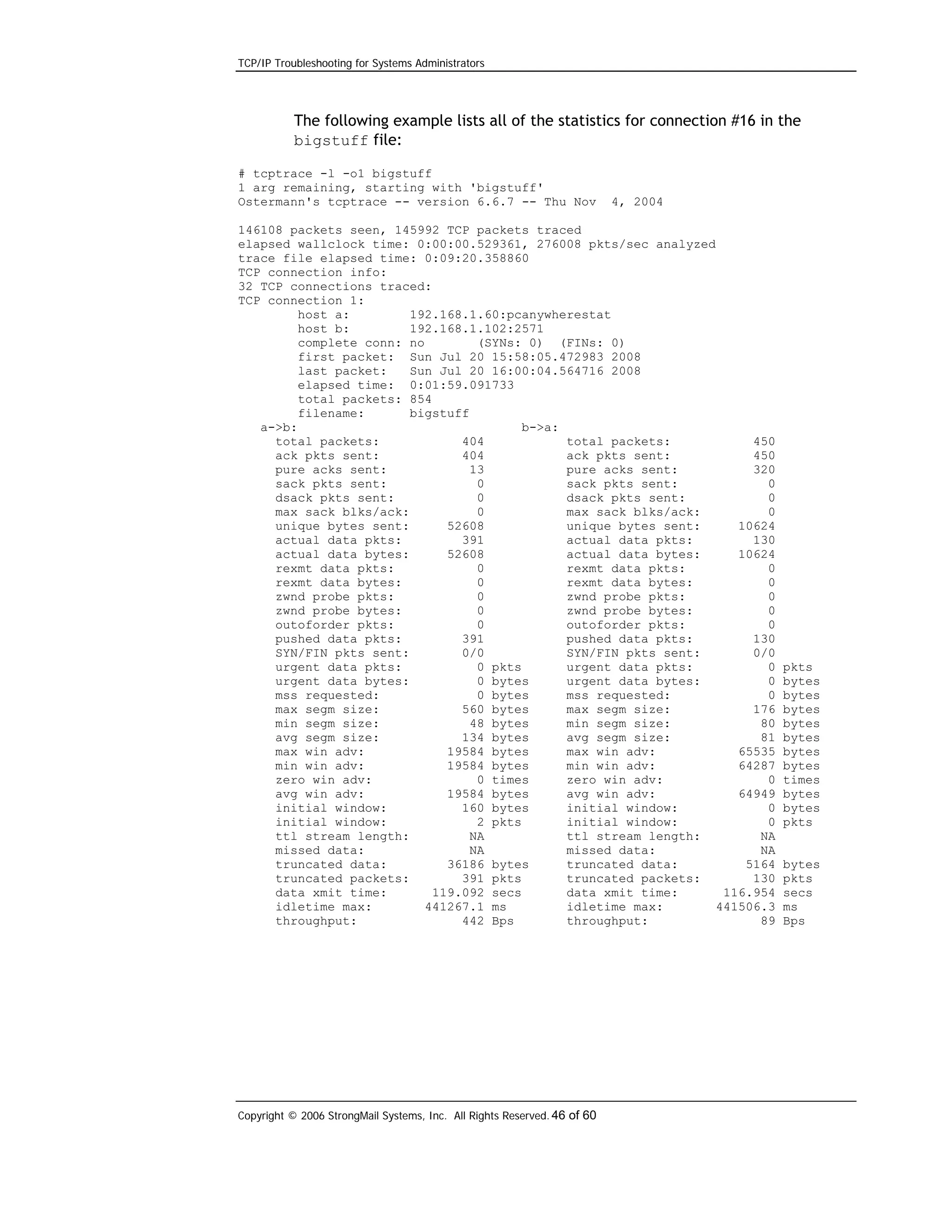 TCP/IP Troubleshooting for Systems Administrators

The following example lists all of the statistics for connection #16 in the
bigstuff file:
# tcptrace -l -o1 bigstuff
1 arg remaining, starting with 'bigstuff'
Ostermann's tcptrace -- version 6.6.7 -- Thu Nov

4, 2004

146108 packets seen, 145992 TCP packets traced
elapsed wallclock time: 0:00:00.529361, 276008 pkts/sec analyzed
trace file elapsed time: 0:09:20.358860
TCP connection info:
32 TCP connections traced:
TCP connection 1:
host a:
192.168.1.60:pcanywherestat
host b:
192.168.1.102:2571
complete conn: no
(SYNs: 0) (FINs: 0)
first packet: Sun Jul 20 15:58:05.472983 2008
last packet:
Sun Jul 20 16:00:04.564716 2008
elapsed time: 0:01:59.091733
total packets: 854
filename:
bigstuff
a->b:
b->a:
total packets:
404
total packets:
450
ack pkts sent:
404
ack pkts sent:
450
pure acks sent:
13
pure acks sent:
320
sack pkts sent:
0
sack pkts sent:
0
dsack pkts sent:
0
dsack pkts sent:
0
max sack blks/ack:
0
max sack blks/ack:
0
unique bytes sent:
52608
unique bytes sent:
10624
actual data pkts:
391
actual data pkts:
130
actual data bytes:
52608
actual data bytes:
10624
rexmt data pkts:
0
rexmt data pkts:
0
rexmt data bytes:
0
rexmt data bytes:
0
zwnd probe pkts:
0
zwnd probe pkts:
0
zwnd probe bytes:
0
zwnd probe bytes:
0
outoforder pkts:
0
outoforder pkts:
0
pushed data pkts:
391
pushed data pkts:
130
SYN/FIN pkts sent:
0/0
SYN/FIN pkts sent:
0/0
urgent data pkts:
0 pkts
urgent data pkts:
0
urgent data bytes:
0 bytes
urgent data bytes:
0
mss requested:
0 bytes
mss requested:
0
max segm size:
560 bytes
max segm size:
176
min segm size:
48 bytes
min segm size:
80
avg segm size:
134 bytes
avg segm size:
81
max win adv:
19584 bytes
max win adv:
65535
min win adv:
19584 bytes
min win adv:
64287
zero win adv:
0 times
zero win adv:
0
avg win adv:
19584 bytes
avg win adv:
64949
initial window:
160 bytes
initial window:
0
initial window:
2 pkts
initial window:
0
ttl stream length:
NA
ttl stream length:
NA
missed data:
NA
missed data:
NA
truncated data:
36186 bytes
truncated data:
5164
truncated packets:
391 pkts
truncated packets:
130
data xmit time:
119.092 secs
data xmit time:
116.954
idletime max:
441267.1 ms
idletime max:
441506.3
throughput:
442 Bps
throughput:
89

Copyright © 2006 StrongMail Systems, Inc. All Rights Reserved. 46 of 60

pkts
bytes
bytes
bytes
bytes
bytes
bytes
bytes
times
bytes
bytes
pkts

bytes
pkts
secs
ms
Bps

 