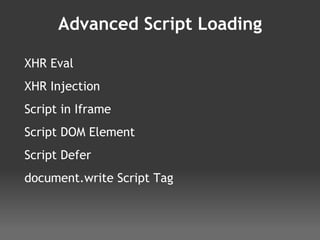 Advanced Script Loading XHR Eval XHR Injection Script in Iframe Script DOM Element Script Defer document.write Script Tag 