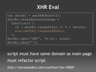 XHR Eval script must have same domain as main page must refactor script var xhrObj = getXHRObject(); xhrObj.onreadystatechange =  function() {  if ( xhrObj.readyState != 4 ) return; eval(xhrObj.responseText); }; xhrObj.open('GET', 'A.js', true); xhrObj.send(''); http://stevesouders.com/cuzillion/?ex=10009 