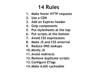 14 Rules Make fewer HTTP requests Use a CDN Add an Expires header Gzip components Put stylesheets at the top Put scripts at the bottom Avoid CSS expressions Make JS and CSS external Reduce DNS lookups Minify JS Avoid redirects Remove duplicate scripts Configure ETags Make AJAX cacheable 