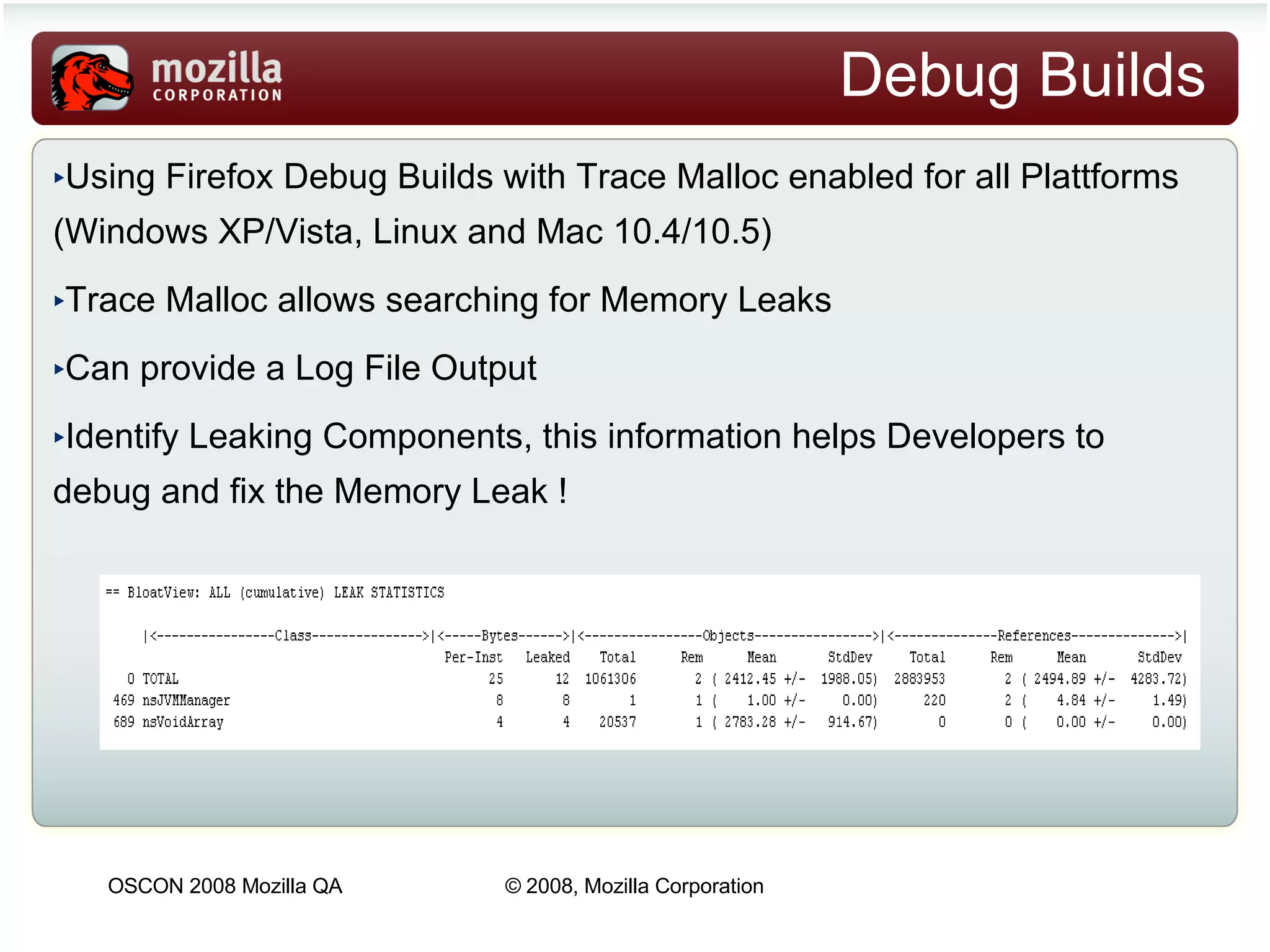 Debug Builds Using Firefox Debug Builds with Trace Malloc enabled for all Plattforms (Windows XP/Vista, Linux and Mac 10.4/10.5)‏ Trace Malloc allows searching for Memory Leaks Can provide a Log File Output  Identify Leaking Components, this information helps Developers to debug and fix the Memory Leak ! 