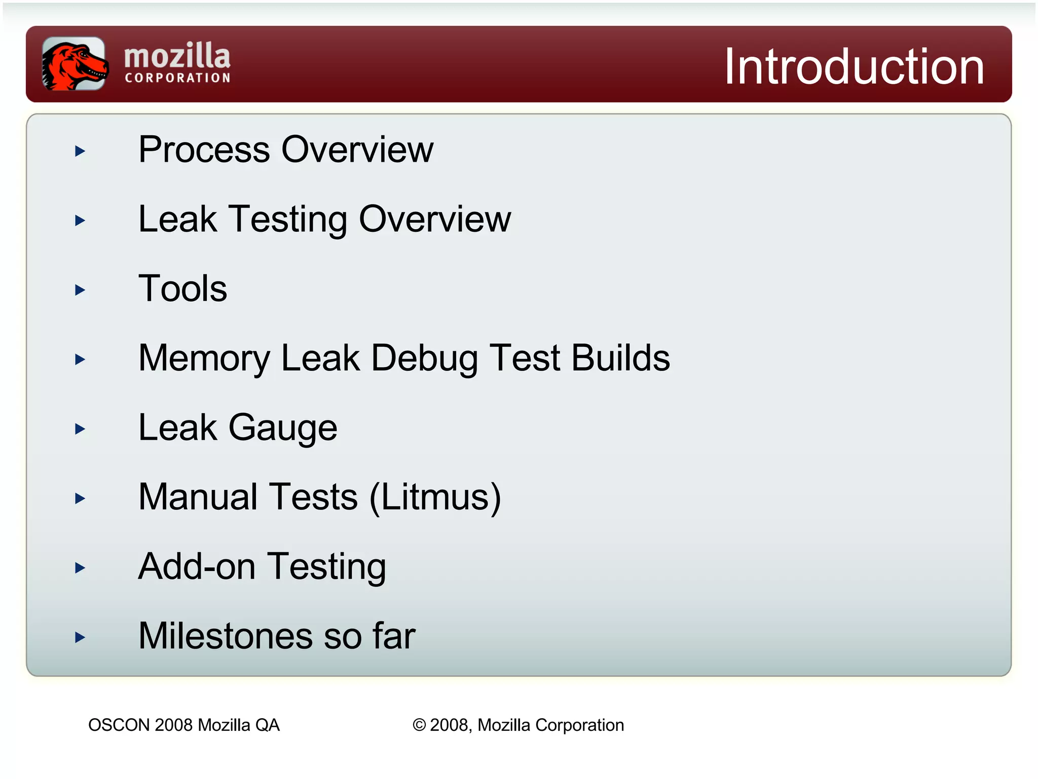 Introduction Process Overview Leak Testing Overview  Tools  Memory Leak Debug Test Builds Leak Gauge Manual Tests (Litmus)  Add-on Testing Milestones so far 