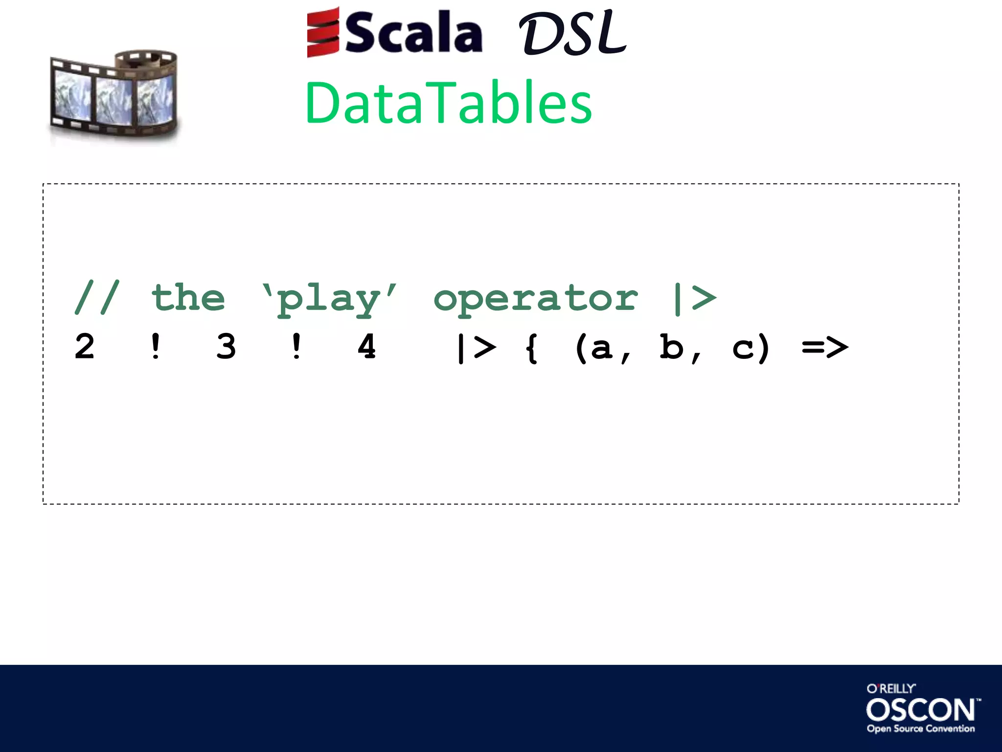      DSLDataTables// the ‘play’ operator |> 2  !  3  !  4   |> { (a, b, c) =>