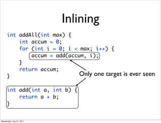 Inlining
      int addAll(int max) {
          int accum = 0;
          for (int i = 0; i < max; i++) {
              accum = add(accum, i);
          }
          return accum;
      }                       Only one target   is ever seen

      int add(int a, int b) {
          return a + b;
      }


Wednesday, July 27, 2011
 
