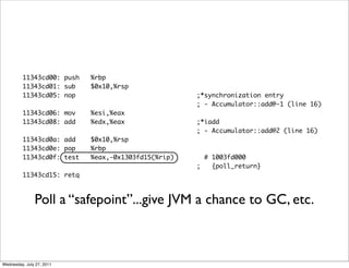 11343cd00: push   %rbp
         11343cd01: sub    $0x10,%rsp
         11343cd05: nop                             ;*synchronization entry
                                                    ; - Accumulator::add@-1 (line 16)
         11343cd06: mov    %esi,%eax
         11343cd08: add    %edx,%eax                ;*iadd
                                                    ; - Accumulator::add@2 (line 16)
         11343cd0a: add    $0x10,%rsp
         11343cd0e: pop    %rbp
         11343cd0f: test   %eax,-0x1303fd15(%rip)     # 1003fd000
                                                    ;   {poll_return}
         11343cd15: retq



               Poll a “safepoint”...give JVM a chance to GC, etc.



Wednesday, July 27, 2011
 