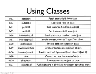 Using Classes
              0xB2            getstatic                 Fetch static ﬁeld from class
              0xB3            putstatic                   Set static ﬁeld in class
              0xB4            getﬁeld                 Get instance ﬁeld from object
              0xB5            setﬁeld                   Set instance ﬁeld in object
              0xB6          invokevirtual           Invoke instance method on object
              0xB7          invokespecial        Invoke constructor or “super” on object
              0xB8          invokestatic               Invoke static method on class
              0xB9         invokeinterface          Invoke interface method on object
              0xBA         invokedynamic       Invoke method dynamically on object (Java 7)
              0xBB              new                  Construct new instance of object
              0xC0           checkcast                Attempt to cast object to type
              0xC1           instanceof      Push nonzero if object is instanceof speciﬁed type

Wednesday, July 27, 2011
 