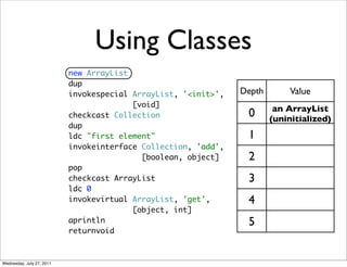 Using Classes
                           new ArrayList
                           dup
                           invokespecial ArrayList, '<init>',   Depth        Value
                                         [void]
                                                                         an ArrayList
                           checkcast Collection                  0      (uninitialized)
                           dup
                           ldc "first element"                   1
                           invokeinterface Collection, 'add',
                                           [boolean, object]     2
                           pop
                           checkcast ArrayList                   3
                           ldc 0
                           invokevirtual ArrayList, 'get',       4
                                         [object, int]
                           aprintln                              5
                           returnvoid



Wednesday, July 27, 2011
 
