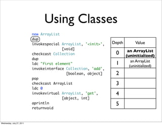 Using Classes
                           new ArrayList
                           dup
                           invokespecial ArrayList, '<init>',   Depth        Value
                                         [void]
                                                                         an ArrayList
                           checkcast Collection                  0      (uninitialized)
                           dup
                                                                           an ArrayList
                           ldc "first element"                   1        (uninitialized)
                           invokeinterface Collection, 'add',
                                           [boolean, object]     2
                           pop
                           checkcast ArrayList                   3
                           ldc 0
                           invokevirtual ArrayList, 'get',       4
                                         [object, int]
                           aprintln                              5
                           returnvoid



Wednesday, July 27, 2011
 