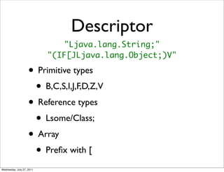 Descriptor
                               "Ljava.lang.String;"
                           "(IF[JLjava.lang.Object;)V"

   ...