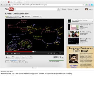 § Khan Academy




Wednesday, July 18, 12
And of course, YouTube is also the breeding ground for new disruptive startups like Khan Academy.
 
