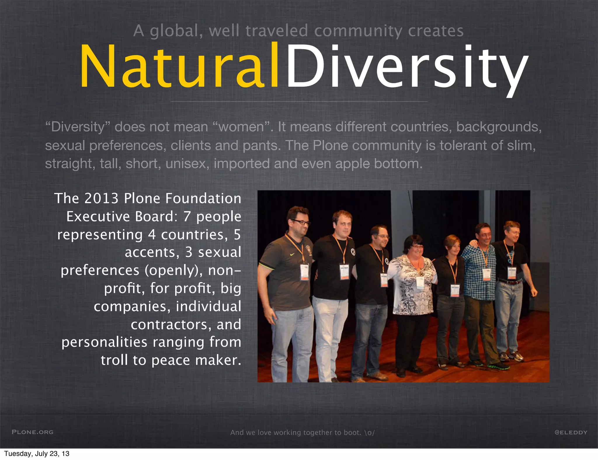 “Diversity” does not mean “women”. It means diﬀerent countries, backgrounds,
sexual preferences, clients and pants. The Plone community is tolerant of slim,
straight, tall, short, unisex, imported and even apple bottom.
And we love working together to boot. o/
A global, well traveled community creates
NaturalDiversity
The 2013 Plone Foundation
Executive Board: 7 people
representing 4 countries, 5
accents, 3 sexual
preferences (openly), non-
proﬁt, for proﬁt, big
companies, individual
contractors, and
personalities ranging from
troll to peace maker.
Plone.org @eleddy
Tuesday, July 23, 13
 