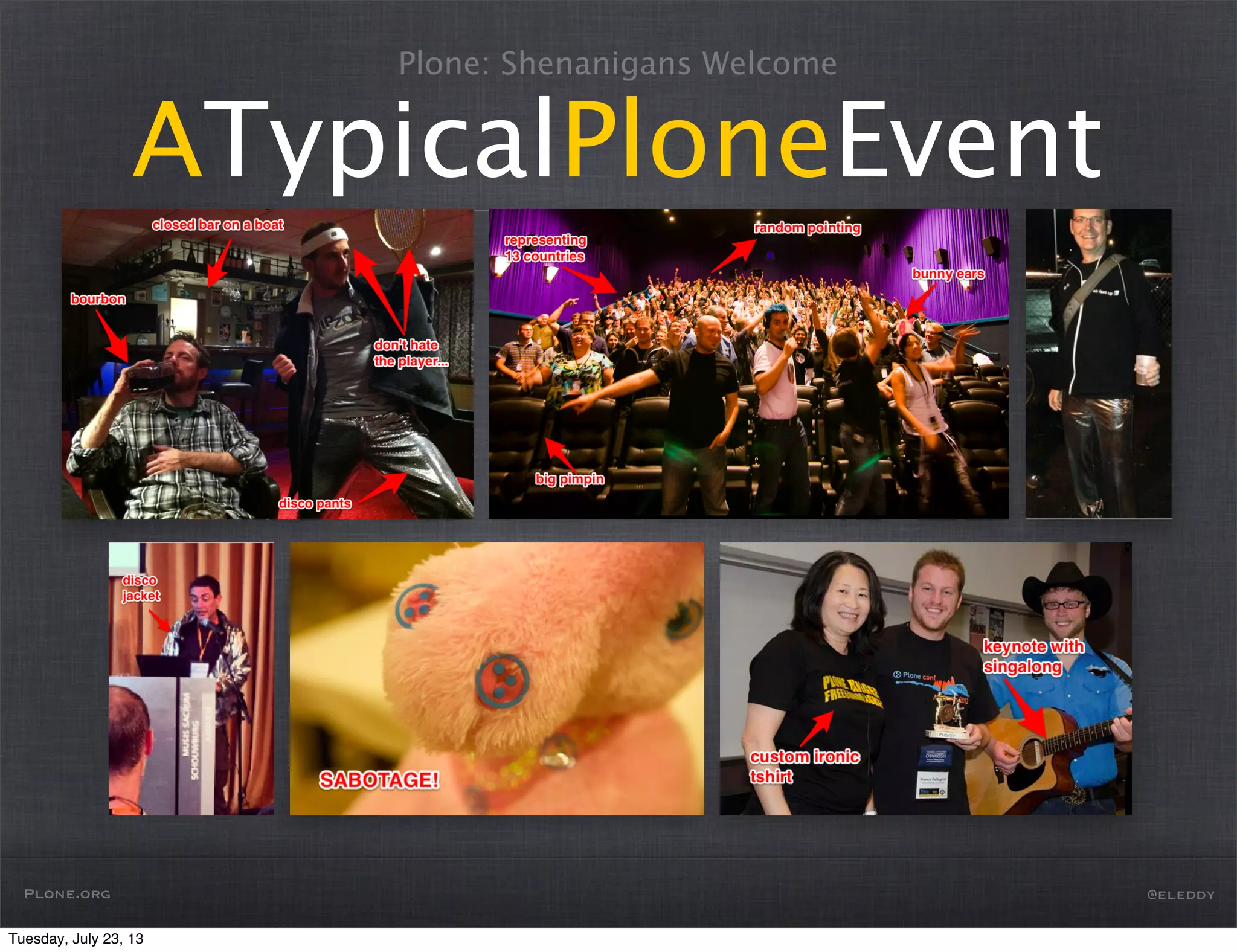 ATypicalPloneEvent
Plone.org @eleddy
Plone: Shenanigans Welcome
Tuesday, July 23, 13
 