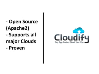 - Open Source
(Apache2)
- Supports all
major Clouds
- Proven
 