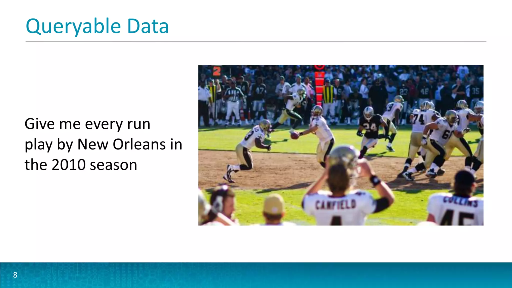 Queryable Data
8
Give me every run
play by New Orleans in
the 2010 season
 