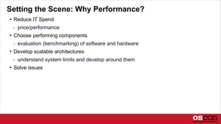 Setting the Scene: Why Performance?
 Reduce IT Spend
- price/performance
 Choose performing components
- evaluation (benchmarking) of software and hardware
 Develop scalable architectures
- understand system limits and develop around them
 Solve issues
 