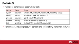 Solaris 9
 Numerous performance observability tools
 Performance, including resource controls and observability, were main features
Scope Type Tools
system counters vmstat(1M), iostat(1M), netstat(1M), kstat(1M), sar(1)
system tracing snoop(1M), prex(1M), tnfdump(1)
process counters ps(1), prstat(1M), ptime(1)
process tracing truss(1), sotruss(1), apptrace(1)
both profiling lockstat(1M), cpustat(1M), cputrack(1)
 
