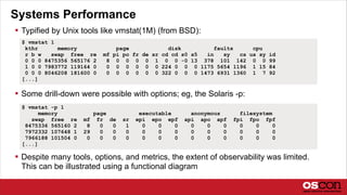 Systems Performance
 Typified by Unix tools like vmstat(1M) (from BSD):
 Some drill-down were possible with options; eg,...