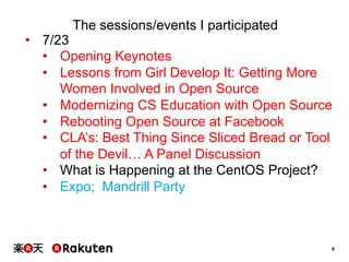 9
The sessions/events I participated
•  7/23
•  Opening Keynotes
•  Lessons from Girl Develop It: Getting More
Women Invol...
