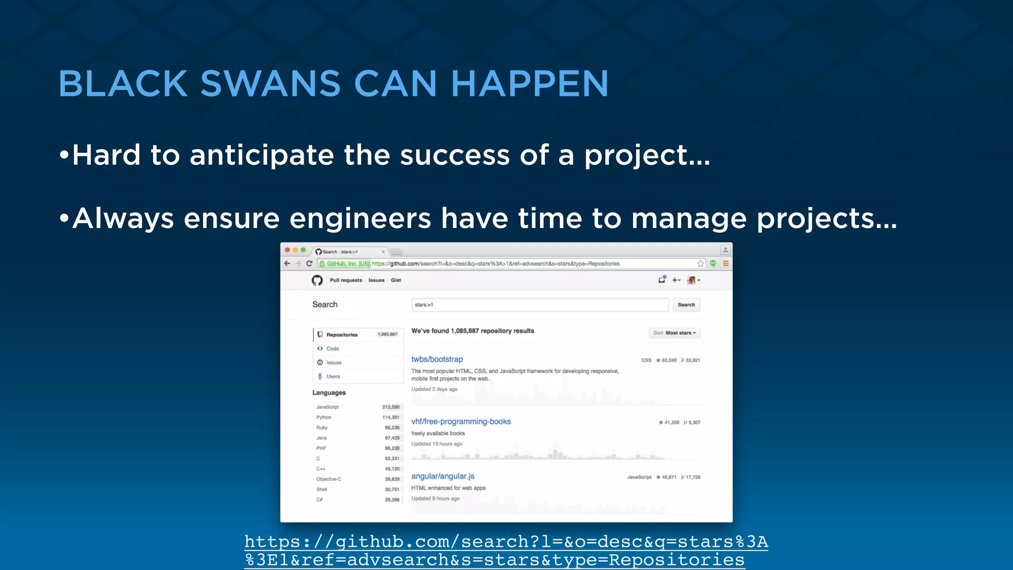 BLACK SWANS CAN HAPPEN
•Hard to anticipate the success of a project…
•Always ensure engineers have time to manage projects…
https://github.com/search?l=&o=desc&q=stars%3A
%3E1&ref=advsearch&s=stars&type=Repositories
 