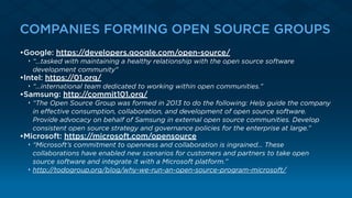 COMPANIES FORMING OPEN SOURCE GROUPS
•Google: https://developers.google.com/open-source/
‣ “…tasked with maintaining a hea...