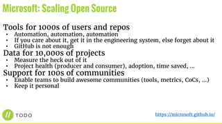 Tools for 1000s of users and repos
• Automation, automation, automation
• If you care about it, get it in the engineering system, else forget about it
• GitHub is not enough
Data for 10,000s of projects
• Measure the heck out of it
• Project health (producer and consumer), adoption, time saved, …
Support for 100s of communities
• Enable teams to build awesome communities (tools, metrics, CoCs, …)
• Keep it personal
Microsoft: Scaling Open Source
https://microsoft.github.io/
 