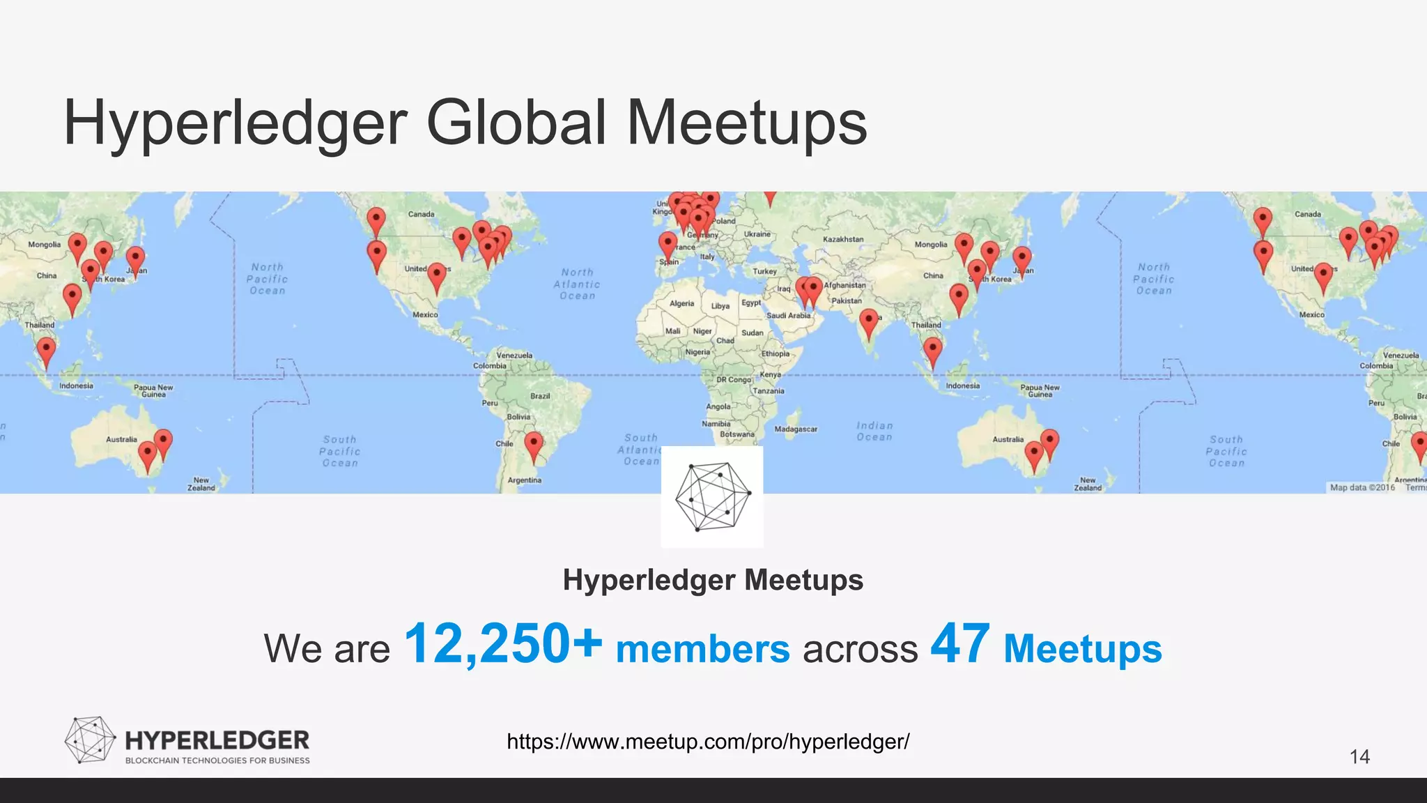 Hyperledger Global Meetups
14
Hyperledger Meetups
We are 12,250+ members across 47 Meetups
https://www.meetup.com/pro/hyperledger/
 