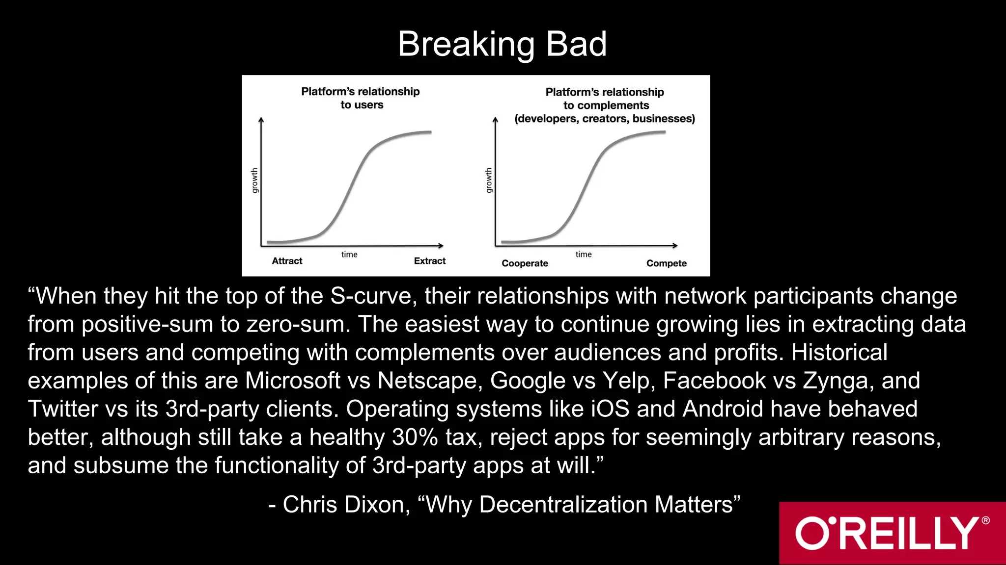 Breaking Bad
“When they hit the top of the S-curve, their relationships with network participants change
from positive-sum to zero-sum. The easiest way to continue growing lies in extracting data
from users and competing with complements over audiences and profits. Historical
examples of this are Microsoft vs Netscape, Google vs Yelp, Facebook vs Zynga, and
Twitter vs its 3rd-party clients. Operating systems like iOS and Android have behaved
better, although still take a healthy 30% tax, reject apps for seemingly arbitrary reasons,
and subsume the functionality of 3rd-party apps at will.”
- Chris Dixon, “Why Decentralization Matters”
 