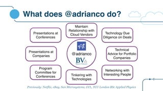 What does @adrianco do?
@adrianco
Technology Due
Diligence on Deals
Presentations at
Conferences
Presentations at
Companies
Technical
Advice for Portfolio
Companies
Program
Committee for
Conferences
Networking with
Interesting PeopleTinkering with
Technologies
Maintain
Relationship with
Cloud Vendors
Previously: Netflix, eBay, Sun Microsystems, CCL, TCU London BSc Applied Physics
 