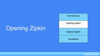 Opening Zipkin
introduction
opening zipkin
beyond zipkin
simulation
@adrianfcole
 