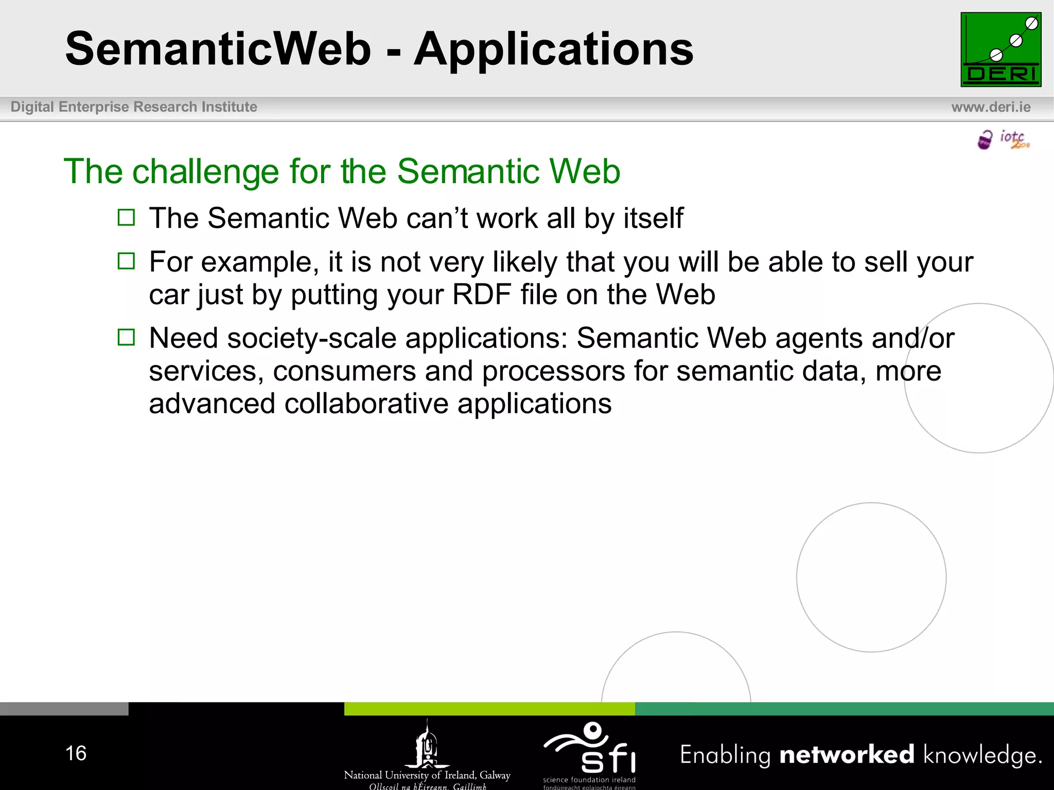 SemanticWeb - Applications The challenge for the Semantic Web The Semantic Web can’t work all by itself For example, it is not very likely that you will be able to sell your car just by putting your RDF file on the Web Need society-scale applications: Semantic Web agents and/or services, consumers and processors for semantic data, more advanced collaborative applications  