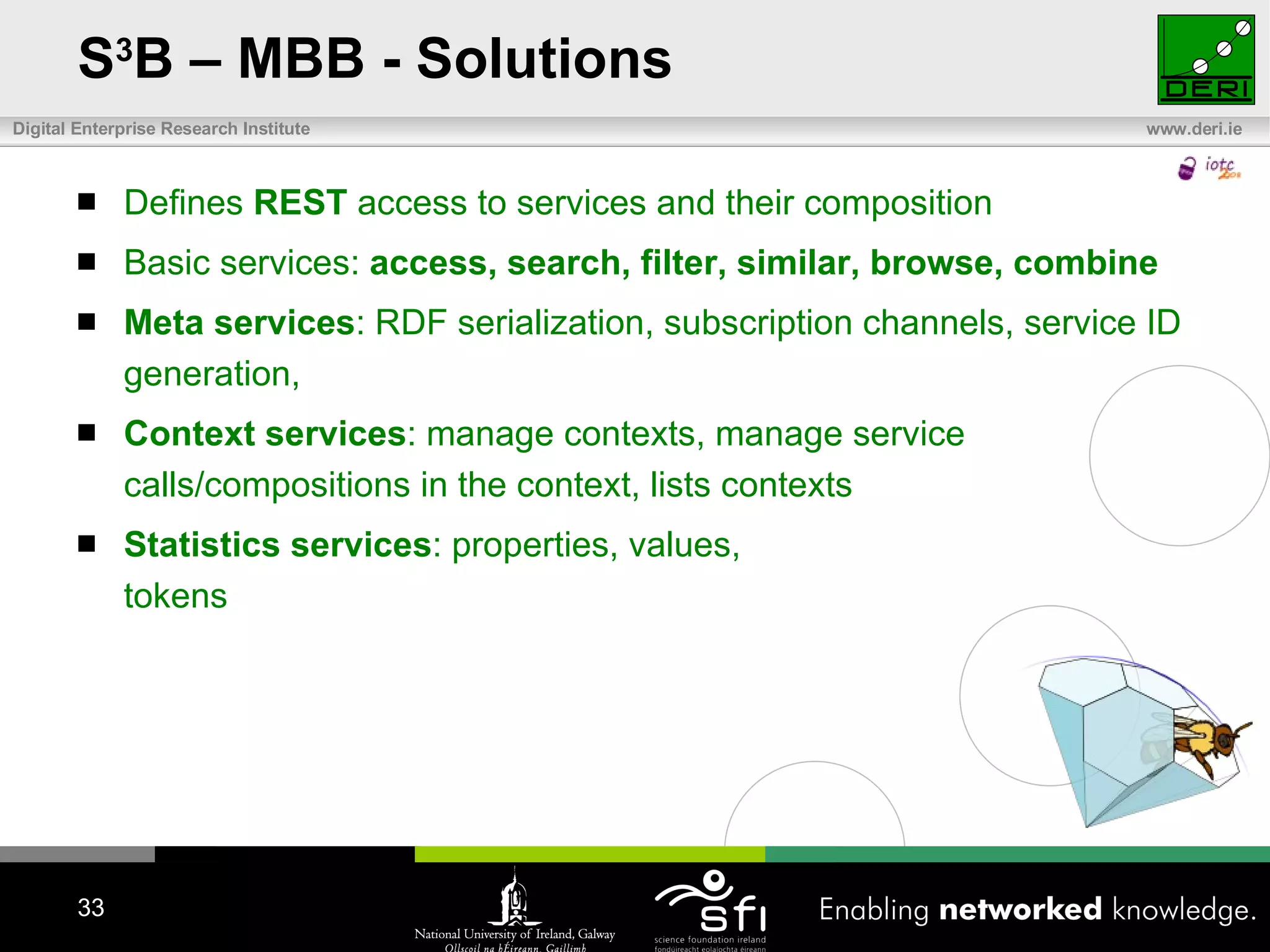 S 3 B – MBB - Solutions Defines  REST  access to services and their composition Basic services:  access, search, filter, similar, browse, combine Meta services : RDF serialization, subscription channels, service ID generation,  Context services : manage contexts, manage service calls/compositions in the context, lists contexts Statistics services : properties, values,  token s 