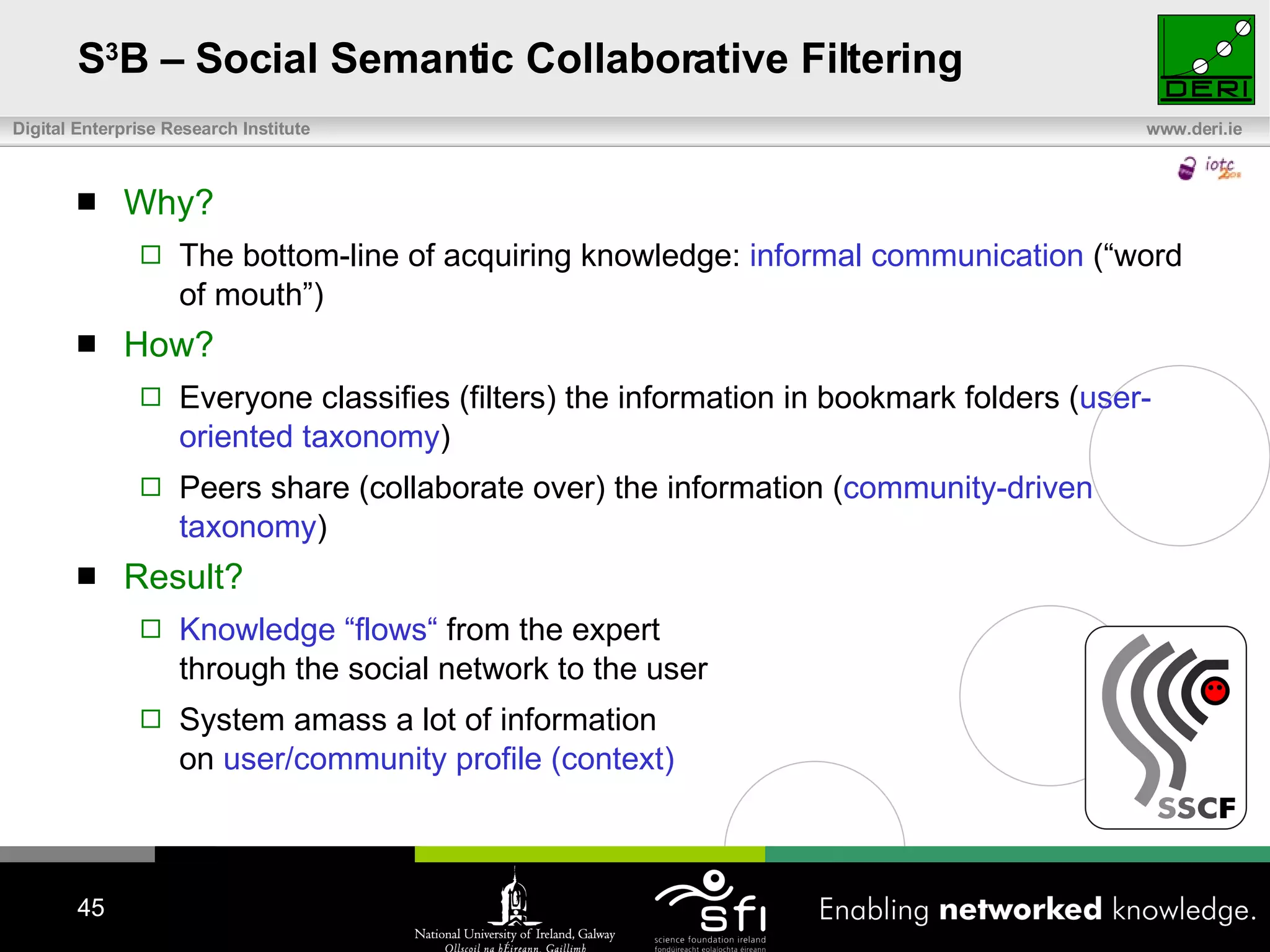 S 3 B – Social Semantic Collaborative Filtering Why? The bottom-line of acquiring knowledge:  informal communication  (“word of mouth”)  How? Everyone classifies (filters) the information in bookmark folders ( user-oriented taxonomy ) Peers share (collaborate over) the information ( community-driven taxonomy ) Result? Knowledge “flows“  from the expert  through the social network to the user System amass a lot of information  on  user/community profile (context) 