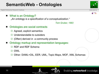 SemanticWeb - Ontologies What is an Ontology? „ An ontology is a specification of a conceptualization.“ Tom Gruber, 1993 Ontologies are social contracts Agreed, explicit semantics Understandable to outsiders (Often) derived in  a community process Ontology markup and representation languages: RDF and RDF Schema OWL Other: DAML+OIL, EER, UML, Topic Maps, MOF, XML Schemas 