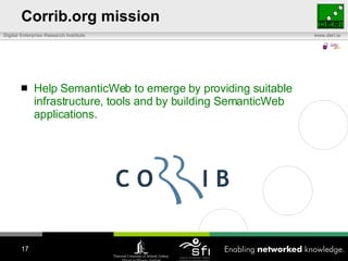 Corrib.org mission Help  SemanticWeb  to  emerge b y providing suitable  infrastructure , tools and by building SemanticWeb applications. 