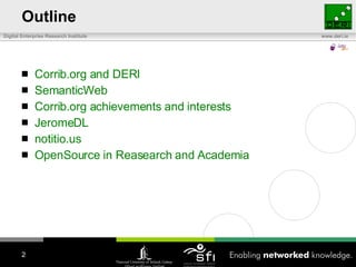 Outline Corrib.org and DERI SemanticWeb Corrib.org achievements and interests JeromeDL  notitio.us OpenSource in Reasearch and Academia 