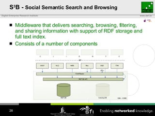 S 3 B -  Social Semantic Search and Browsing M iddleware that   deliver s  searching, browsing, filtering, and sharing information with support of RDF storage and   full text index.  C onsists of a number of component s 
